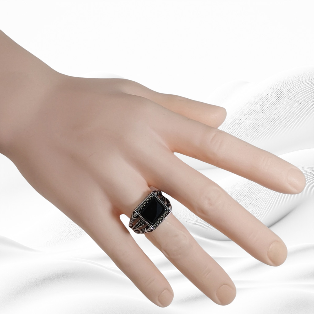 925 Sterling Silver Men's Ring With Authentic Black Onyx Gemstone and Marcasite