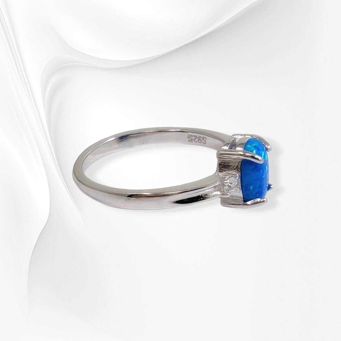 925 Sterling Silver Women's Ring with Authentic Blue Opal and Cubic Zirconia Crystals
