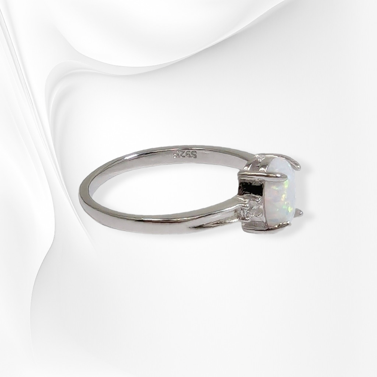 925 Sterling Silver Women's Ring with Authentic White Opal and Cubic Zirconia Crystals