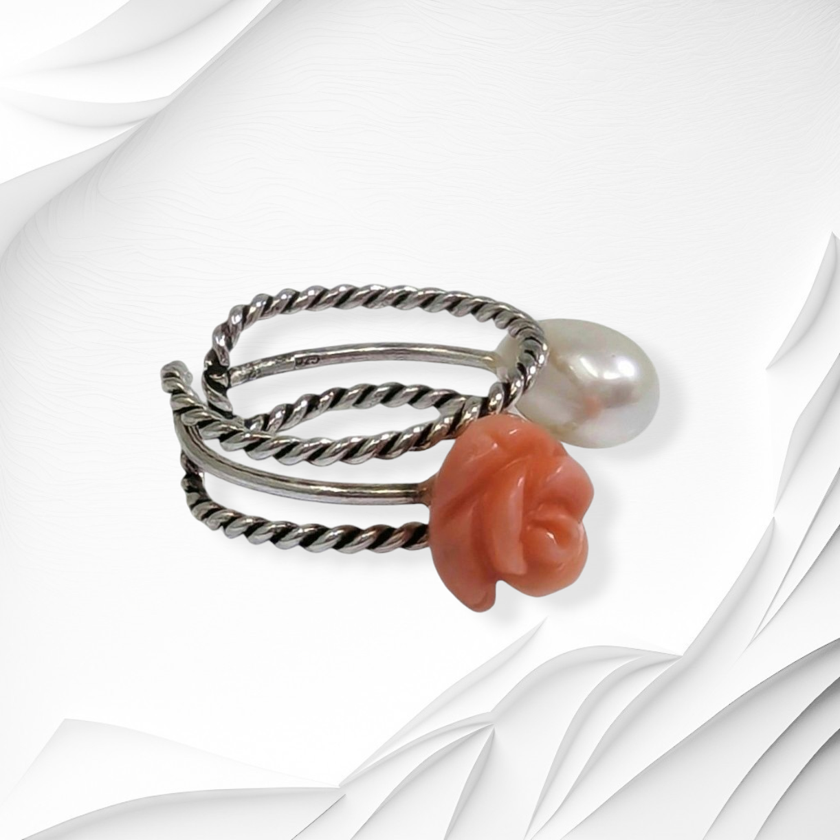 925 Sterling Silver Women's Ring with Authentic Coral and Freshwater Pearl