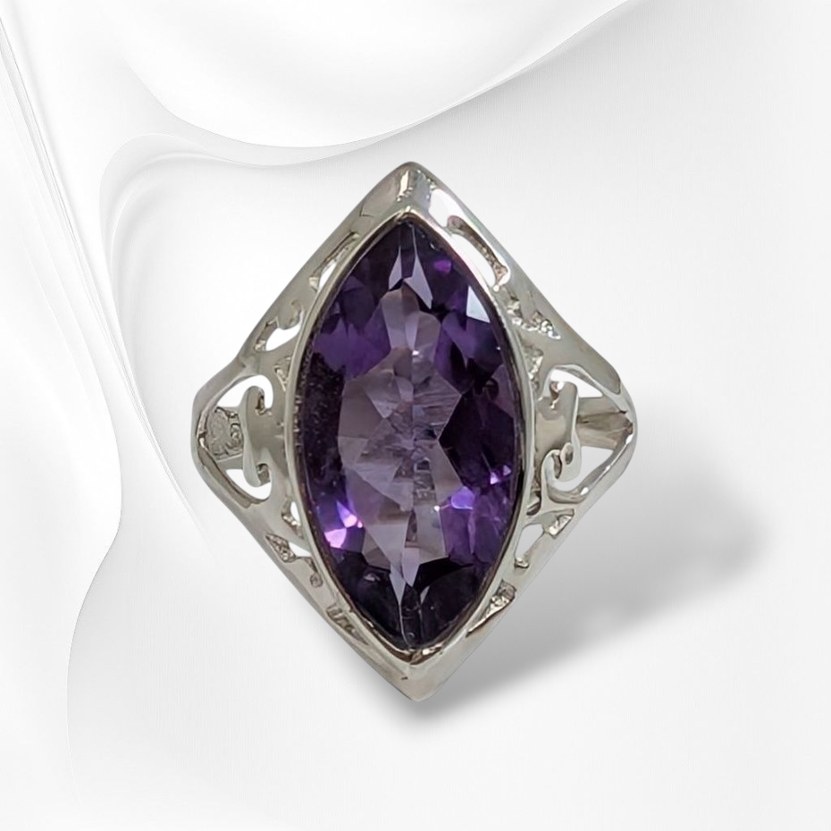 925 Sterling Silver Filigree Women's Ring with Authentic Amethyst Gemstone