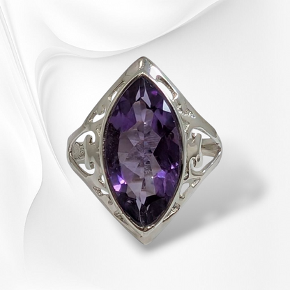 925 Sterling Silver Filigree Women's Ring with Authentic Amethyst Gemstone