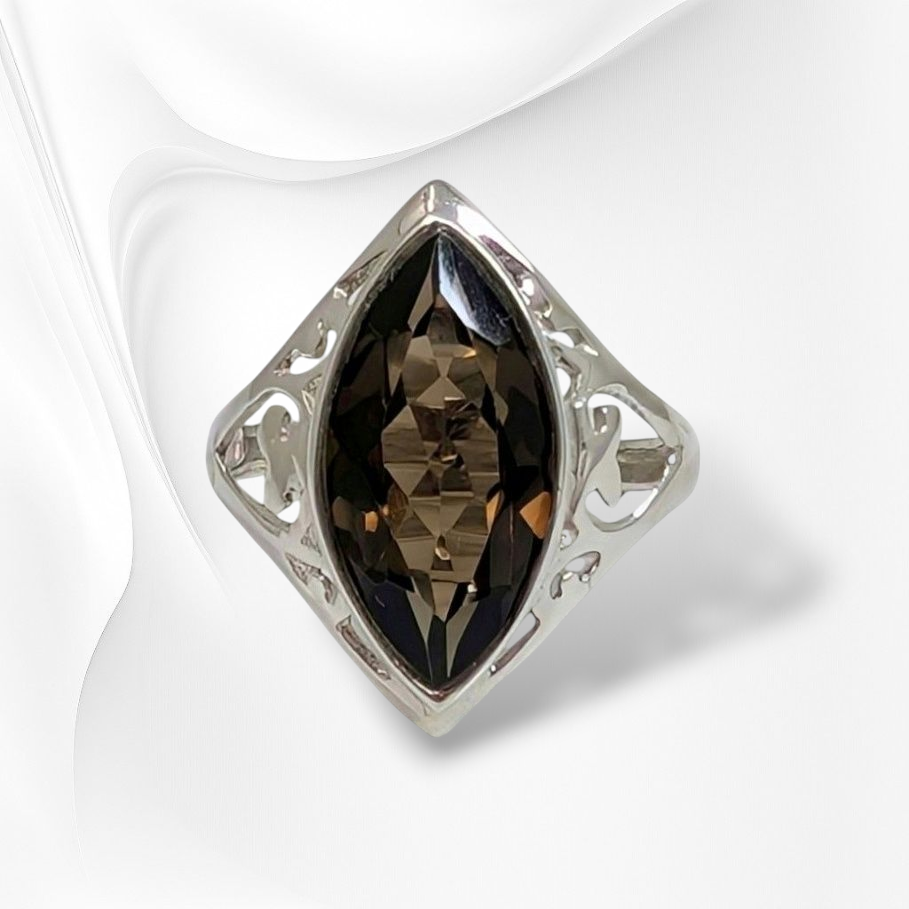 925 Sterling Silver Filigree Women's Ring with Authentic Smoky Topaz