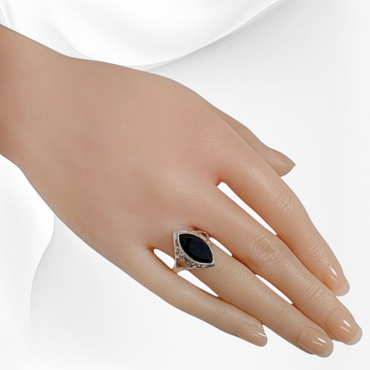 925 Sterling Silver Filigree Women's Ring with Authentic Black Onyx Gemstone