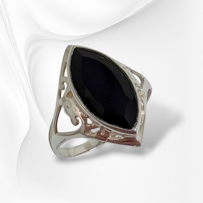 925 Sterling Silver Filigree Women's Ring with Authentic Black Onyx Gemstone