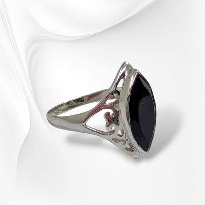 925 Sterling Silver Filigree Women's Ring with Authentic Black Onyx Gemstone