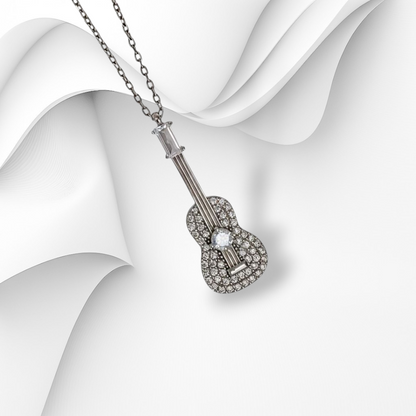 Genuine 925 Sterling Silver Women Necklace With Cubic Zirconia Crystals *Guitar Necklace