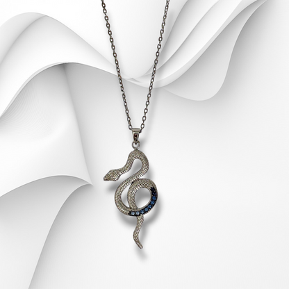 Genuine 925 Sterling Silver Women Necklace With Cubic Zirconia Crystals *Snake Necklace
