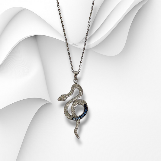 Genuine 925 Sterling Silver Women Necklace With Cubic Zirconia Crystals *Snake Necklace