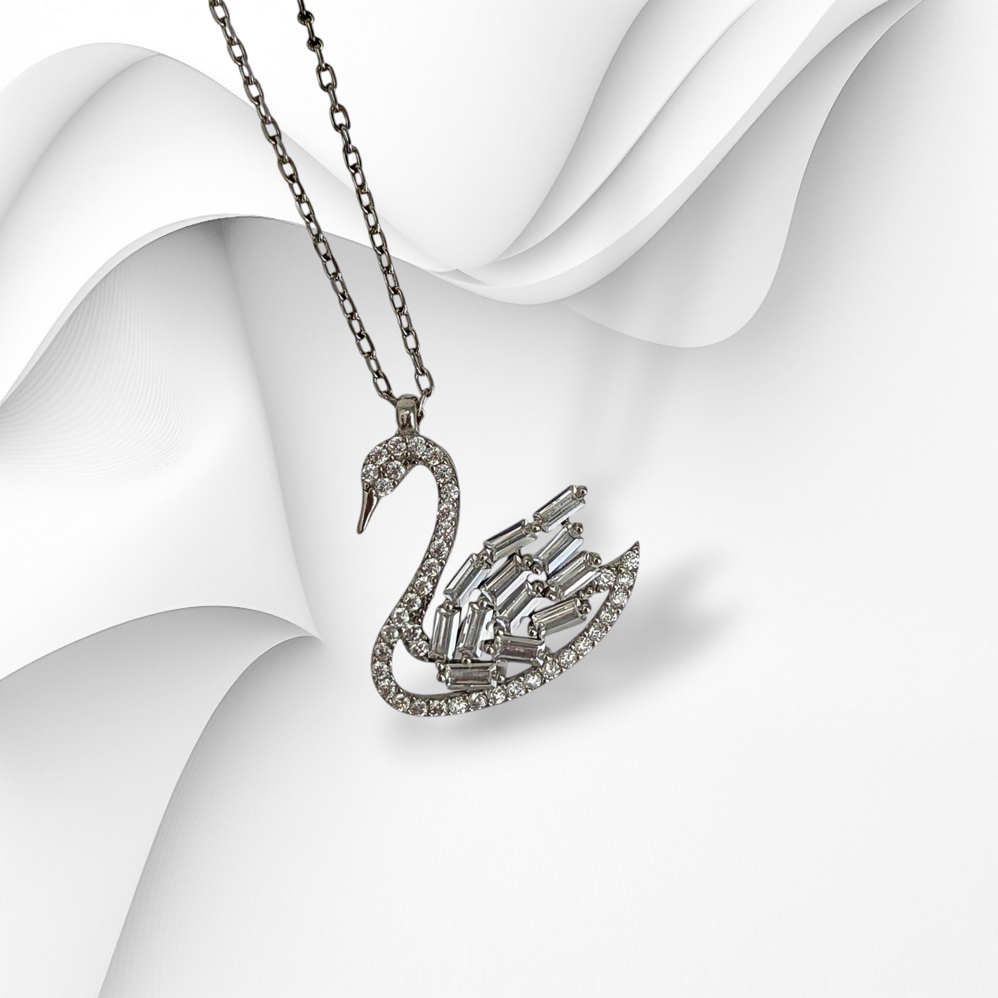 Genuine 925 Sterling Silver Women Necklace With Cubic Zirconia Crystals *Swan Necklace