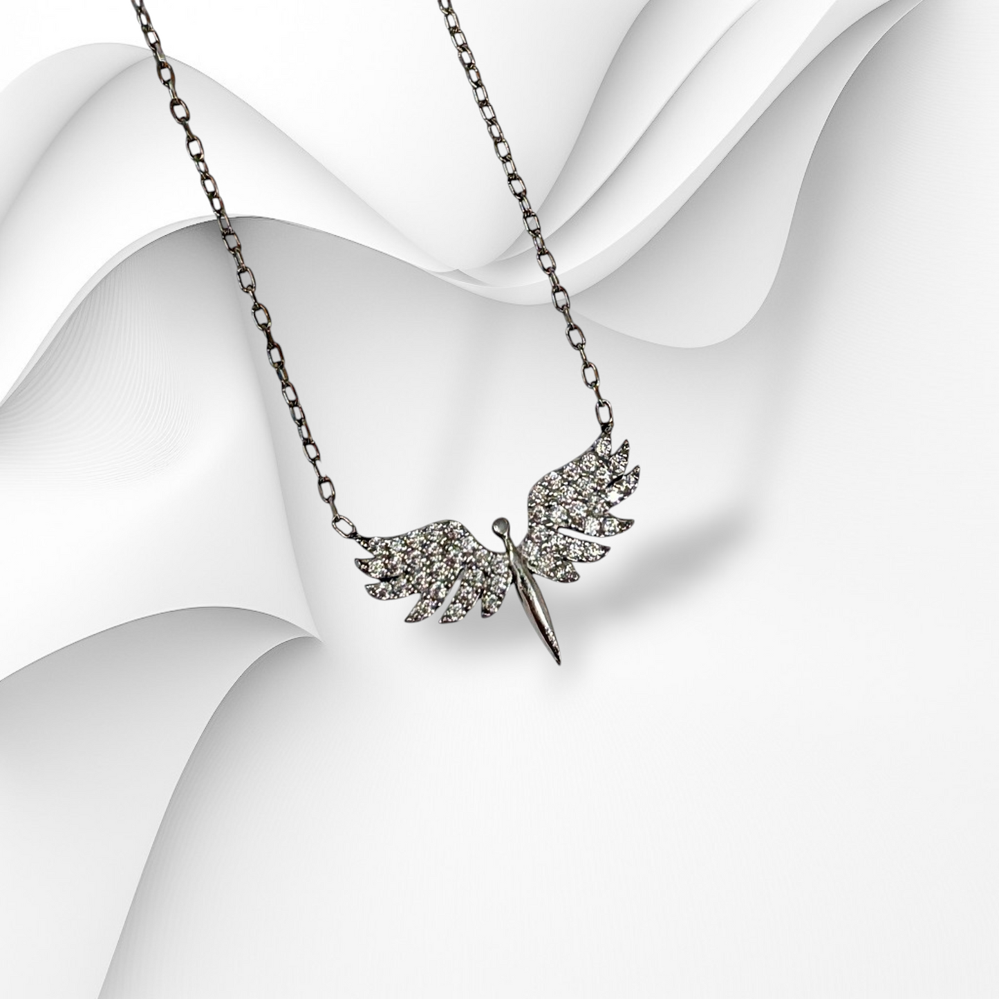 Genuine 925 Sterling Silver Women Necklace With Cubic Zirconia Crystals *Angel Necklace