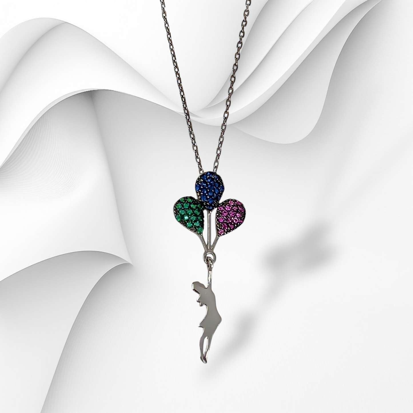 Genuine 925 Sterling Silver Women Necklace With Cubic Zirconia Crystals *Girl with Balloons Necklace