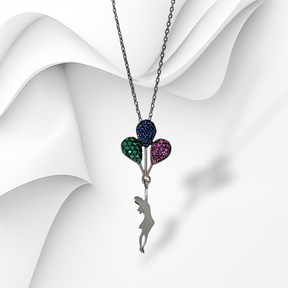 Genuine 925 Sterling Silver Women Necklace With Cubic Zirconia Crystals *Girl with Balloons Necklace