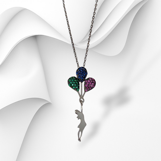 Genuine 925 Sterling Silver Women Necklace With Cubic Zirconia Crystals *Girl with Balloons Necklace