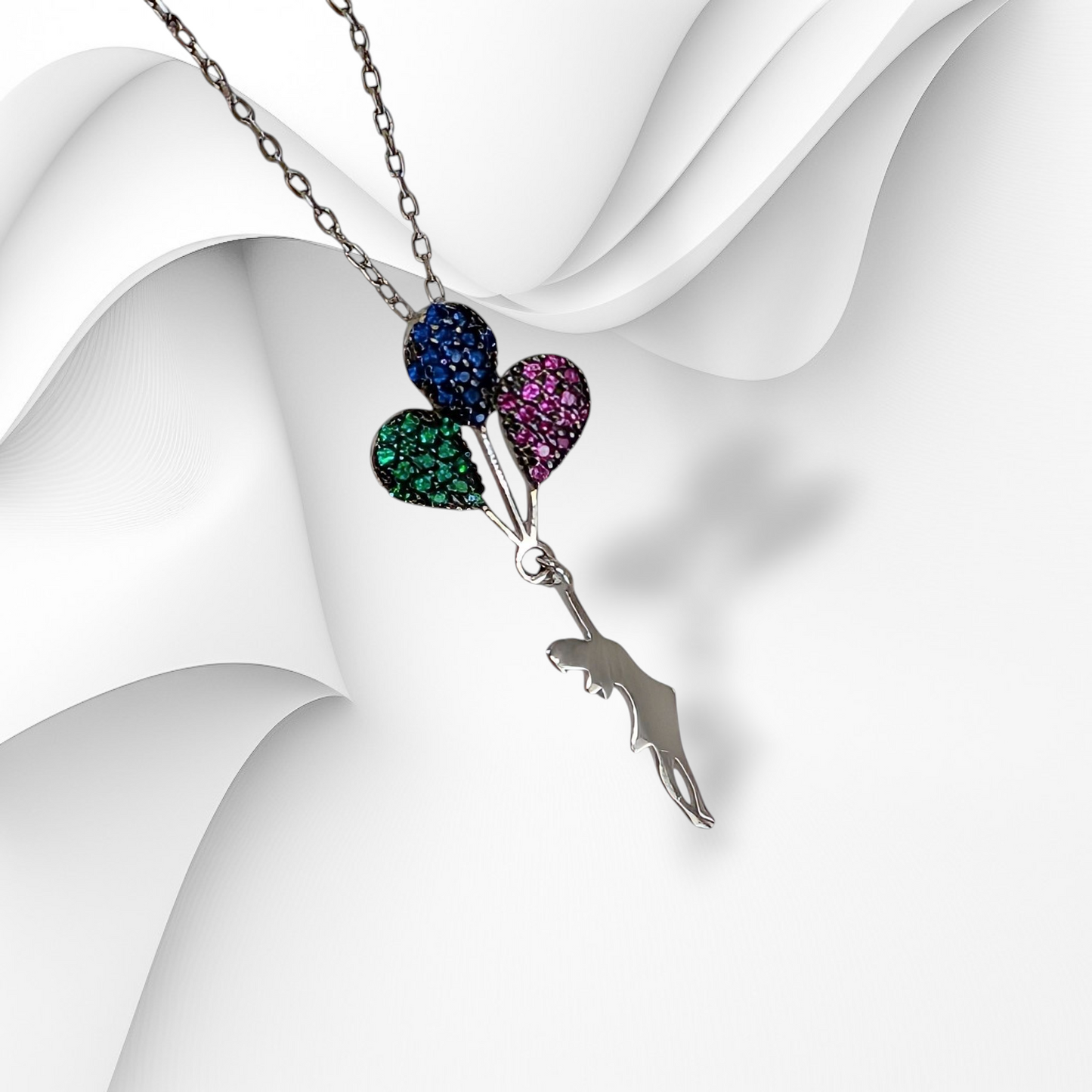 Genuine 925 Sterling Silver Women Necklace With Cubic Zirconia Crystals *Girl with Balloons Necklace