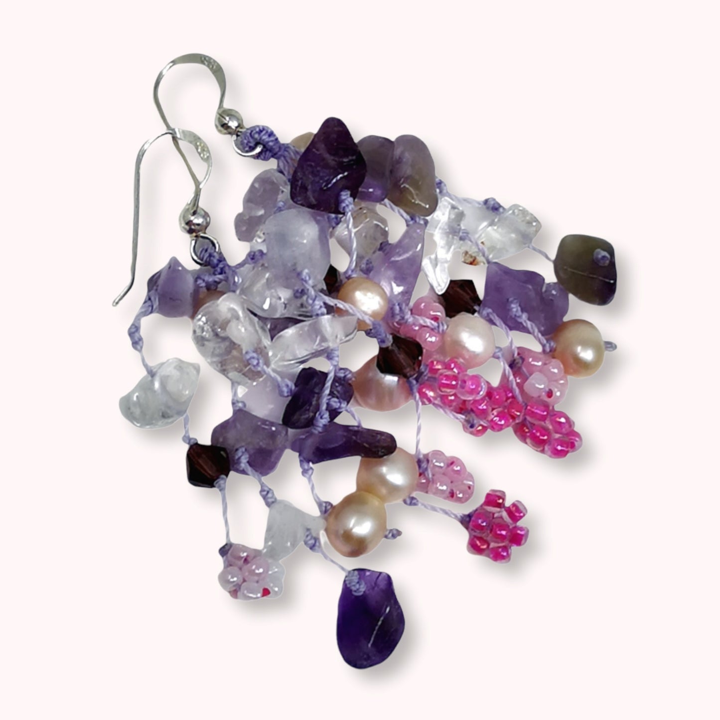 925 Sterling Silver Hook Earrings with Authentic Amethyst, Freshwater Pearls and Crystal Beads