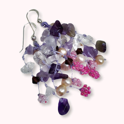 925 Sterling Silver Hook Earrings with Authentic Amethyst, Freshwater Pearls and Crystal Beads