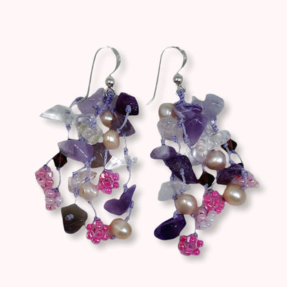 925 Sterling Silver Hook Earrings with Authentic Amethyst, Freshwater Pearls and Crystal Beads
