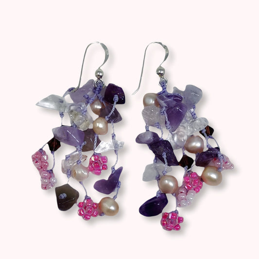 925 Sterling Silver Hook Earrings with Authentic Amethyst, Freshwater Pearls and Crystal Beads