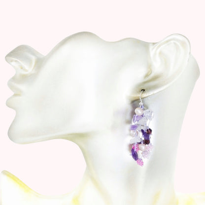 925 Sterling Silver Hook Earrings with Authentic Amethyst, Freshwater Pearls and Crystal Beads