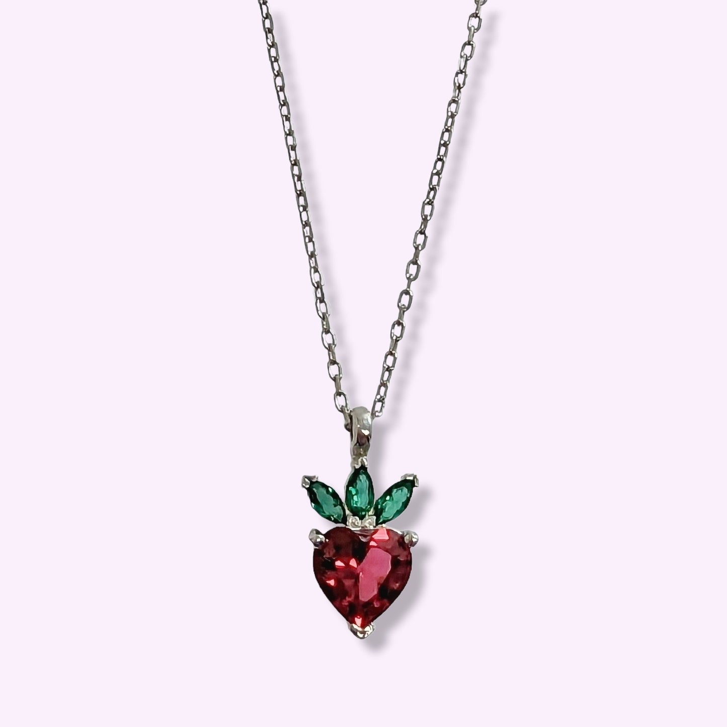 925 Sterling Silver Women's Necklace With Cubic Zirconia Crystals *Strawberry & Heart Necklace