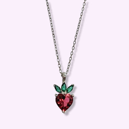 925 Sterling Silver Women's Necklace With Cubic Zirconia Crystals *Strawberry & Heart Necklace