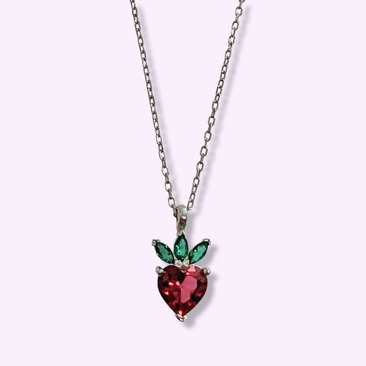 925 Sterling Silver Women's Necklace With Cubic Zirconia Crystals *Strawberry & Heart Necklace