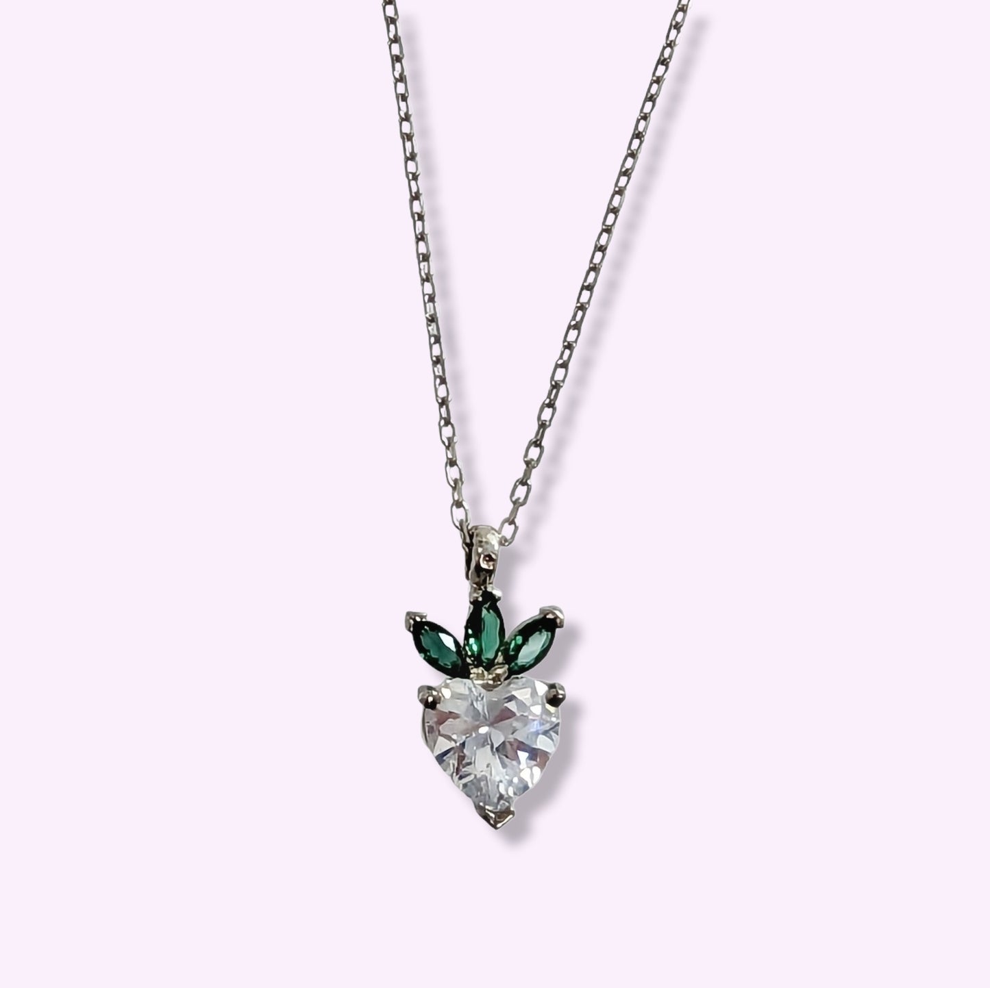 925 Sterling Silver Women's Necklace With Cubic Zirconia Crystals *Strawberry & Heart Necklace