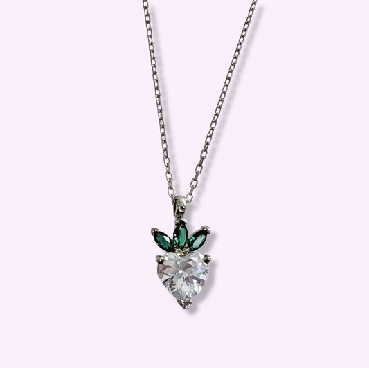 925 Sterling Silver Women's Necklace With Cubic Zirconia Crystals *Strawberry & Heart Necklace