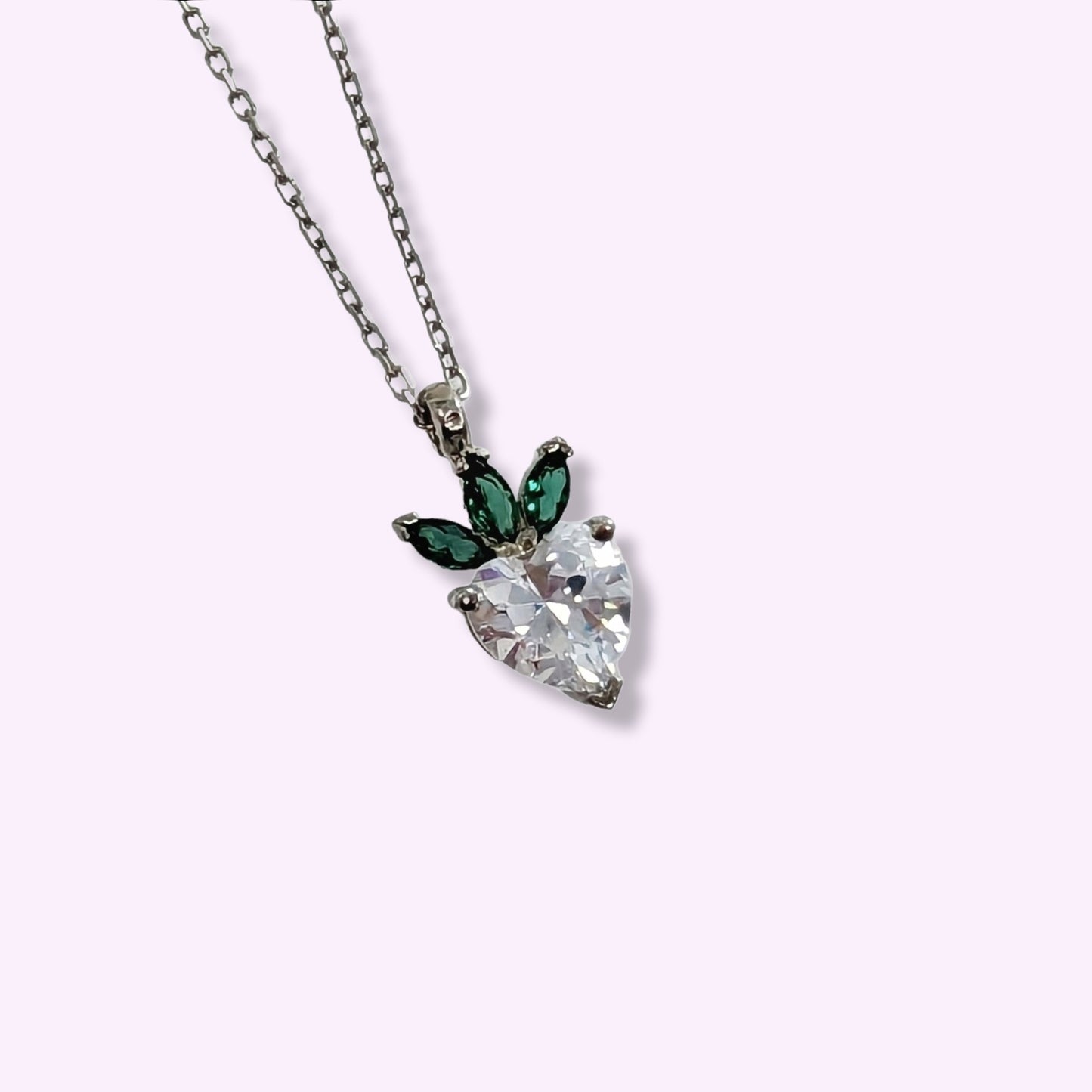 925 Sterling Silver Women's Necklace With Cubic Zirconia Crystals *Strawberry & Heart Necklace