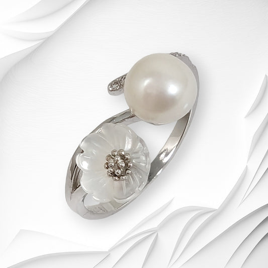 925 Sterling Silver Women's Ring with Authentic Mother of Pearl, Freshwater Pearl and Cubic Zirconia Crystals