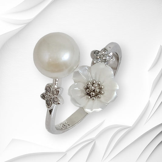 925 Sterling Silver Women's Ring with Authentic Mother of Pearl, Freshwater Pearl and Cubic Zirconia Crystals