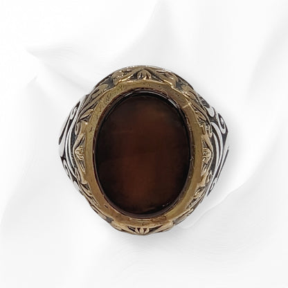 925 Sterling Silver Men's Ring with Authentic Brown Agate Gemstone