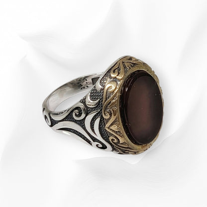 925 Sterling Silver Men's Ring with Authentic Brown Agate Gemstone