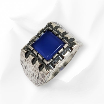 925 Sterling Silver Men's Ring With  Authentic Blue Agate Gemstone