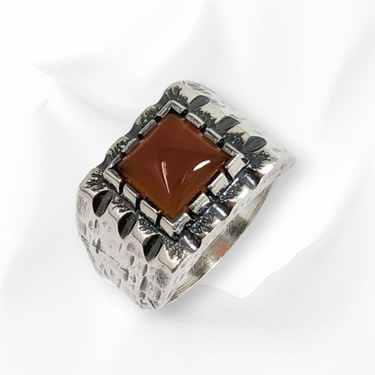 925 Sterling Silver Men's Ring With  Authentic Red Agate Gemstone