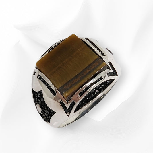 925 Sterling Silver Men's Ring with Authentic Tiger's Eye Gemstone and Cubic Zirconia