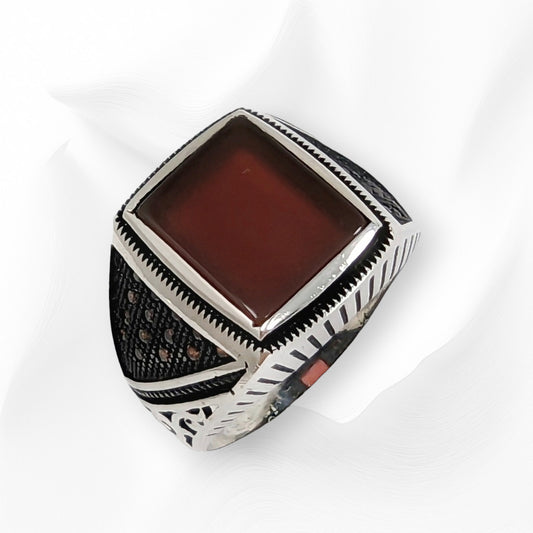 925 Sterling Silver Men's Ring with Authentic Red Agate Gemstone and Cubic Zirconia