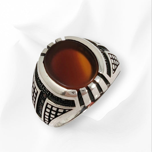 925 Sterling Silver Men's Ring with Authentic Red Agate Gemstone and Cubic Zirconia