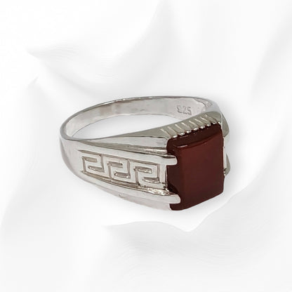 925 Sterling Silver Men's Ring with Authentic Red Agate Gemstone