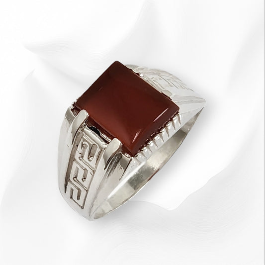 925 Sterling Silver Men's Ring with Authentic Red Agate Gemstone