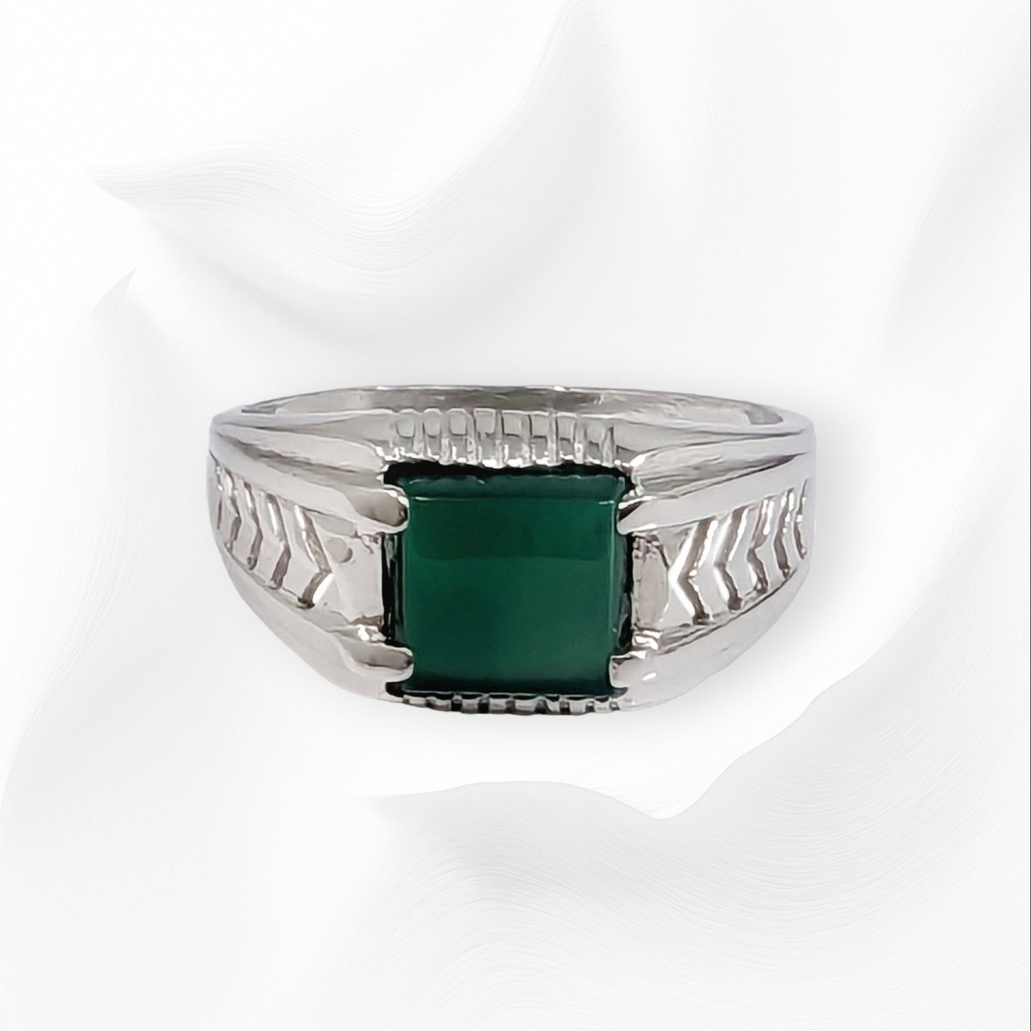 925 Sterling Silver Men's Ring with Authentic Green Agate Gemstone