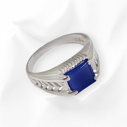 925 Sterling Silver Men's Ring with Authentic Blue Agate Gemstone