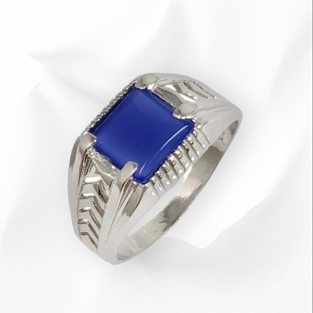 925 Sterling Silver Men's Ring with Authentic Blue Agate Gemstone