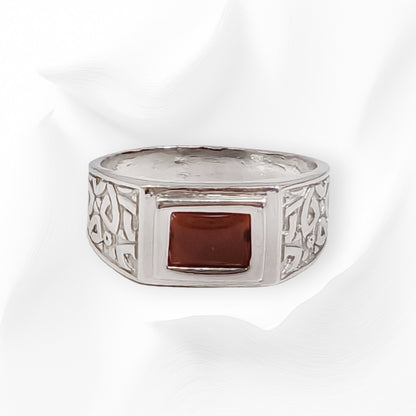 925 Sterling Silver Men's Ring with Authentic Red Agate Gemstone