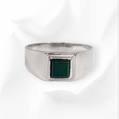 925 Sterling Silver Men's Ring with Authentic Green Agate Gemstone