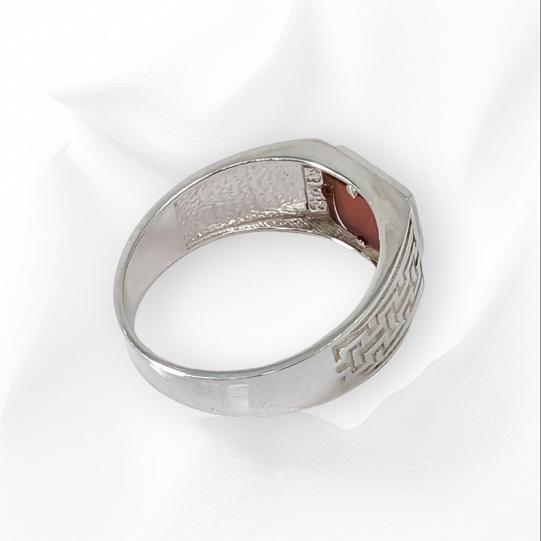 925 Sterling Silver Men's Ring with Authentic Red Agate Gemstone