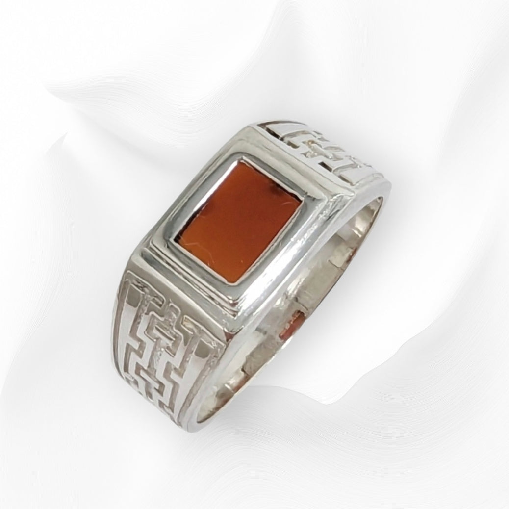 925 Sterling Silver Men's Ring with Authentic Red Agate Gemstone