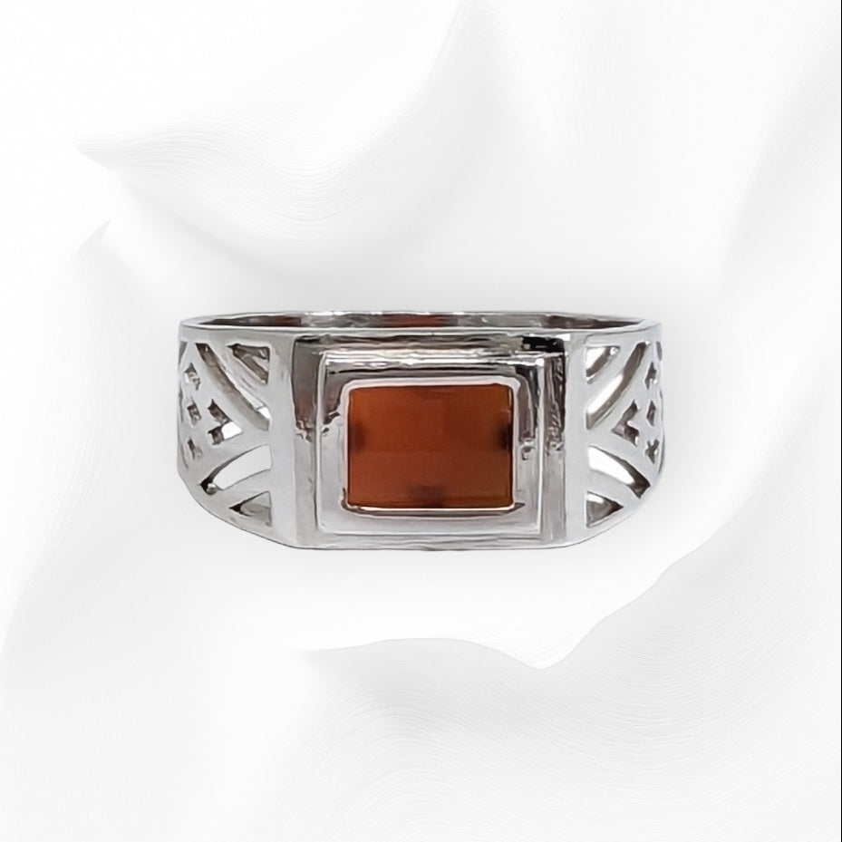 925 Sterling Silver Men's Ring with Authentic Red Agate Gemstone