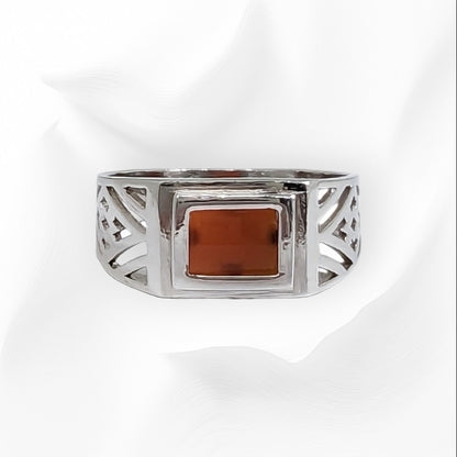 925 Sterling Silver Men's Ring with Authentic Red Agate Gemstone